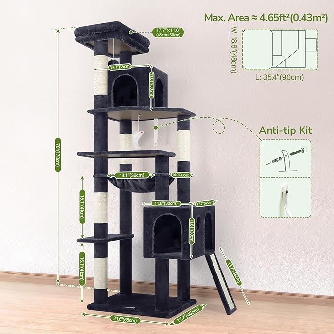 Globlazer Heavy Duty Cat Tree, 70 inch Sturdy Cat Tree for Indoor Cats Extra Large Cat Tower with Scratching Post, Hammock, Cat Condo for Adult Cats Kittens, F70 Pro, Dark Grey