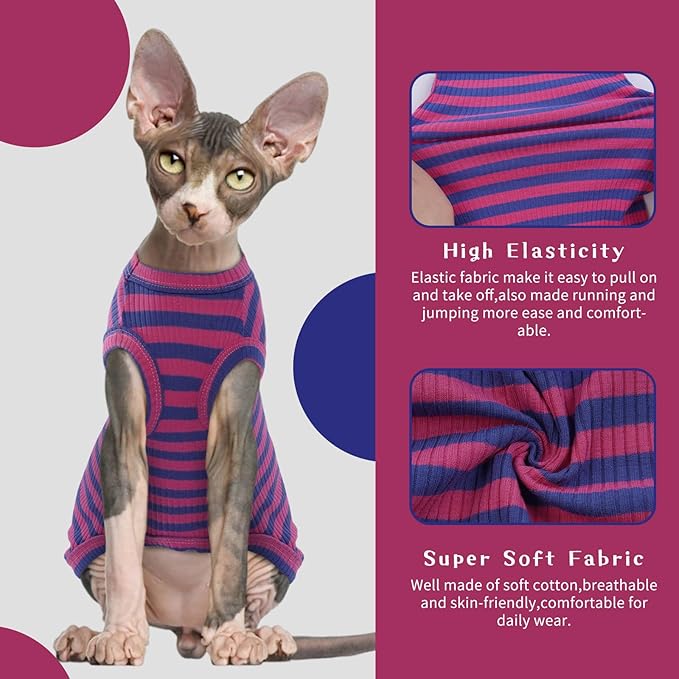 BRKURLEG Sphynx Hairless Cats Shirt Puppy Clothes Soft Cotton T-Shirts Cute Cats Pajamas Cat Stripes Vest Pet Sweater, Round Collar Vest Kitten Shirts(PinkBlue Stripes, S)