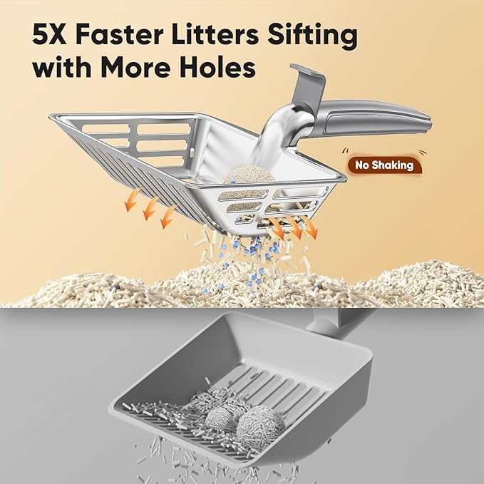 Metal Cat Litter Scoop, Large Cat Scooper with Deep Shovel & Dual Sifting Holes for Fast & Precise Sifting, Space Aluminum Kitty Litter Scooper with Long Handle & Easy-to-Hang Hook - Grey