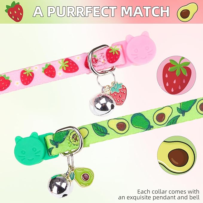 PUPTECK Breakaway Cute Cat Collar with Bell Charm, 2 Packs Adjustable Kitty Collars Fruit Pattern, Pink&Green, 7.8-11.8 in