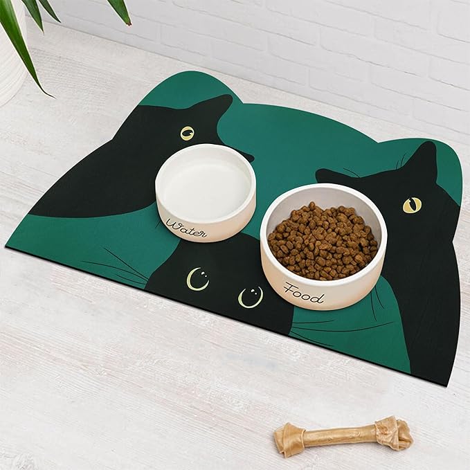 Cat Food Mat - Pet Feeding Mat for Floor, Non-Slip, Waterproof, Super Absorbent, Easy to Clean, Blue, Cat, Dog 18.1''x9.8''