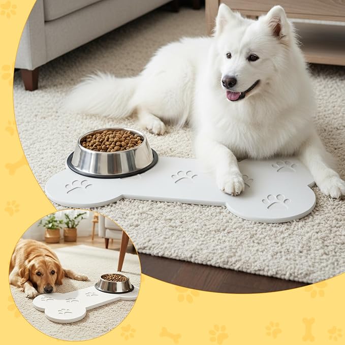 Diatomaceous Earth Dog Food Mat, Large 19.6"x9.8" Bone Shape with Paw Print Design, Super Absorbent Fast Drying Non-Slip Pet Bowl Mat for Food and Water, Waterproof Floor Mat for Small Medium Dogs