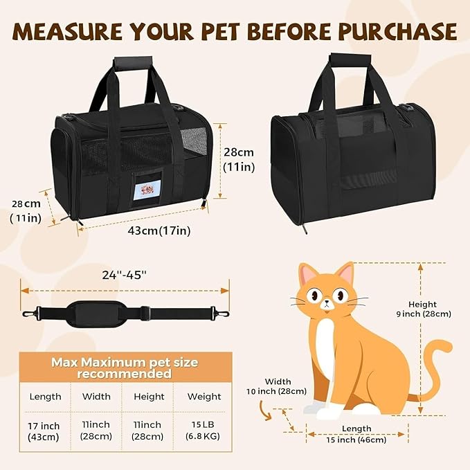 Soft Cat Carrier for Pets Up to 15 lbs, TSA Approved for Airline in-Cabin, Cat Travel Bag with Detachable Cat Food Bowl, Pet Carriers for Small Dogs, Waterproof Travel Puppy Carry, Black