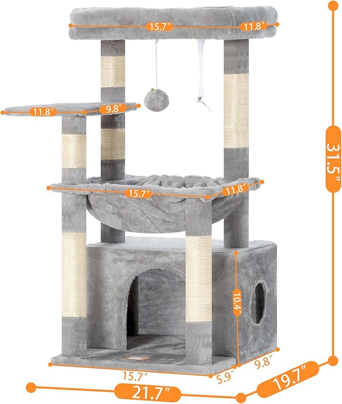 Heybly Cat Tree, Kitten Tower with Large Soft Cat Basket, Cat Condo with Spacious Cat Bed Cave with Hidden Space, Sisal-Covered Scratching Posts, Dangling Ball for Indoor Cats, Light Gray HCT008SW