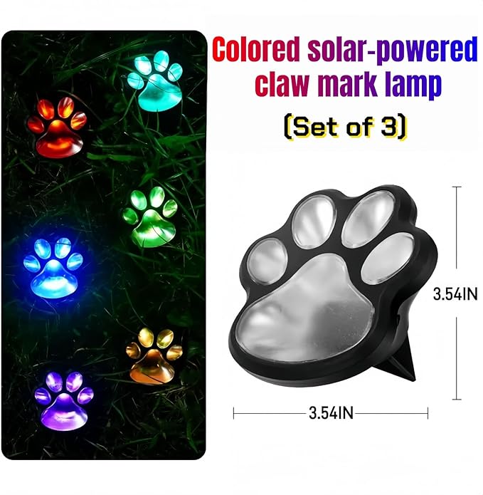 3pcs-Solar Paw Print Lights, Wireless of Cat Dog Animal Solar Lights Outdoor Garden Decor, IP55 Waterproof LED Yard Path Light, New Home Birthday Easter Gift for Pet Lovers (Colored Light)
