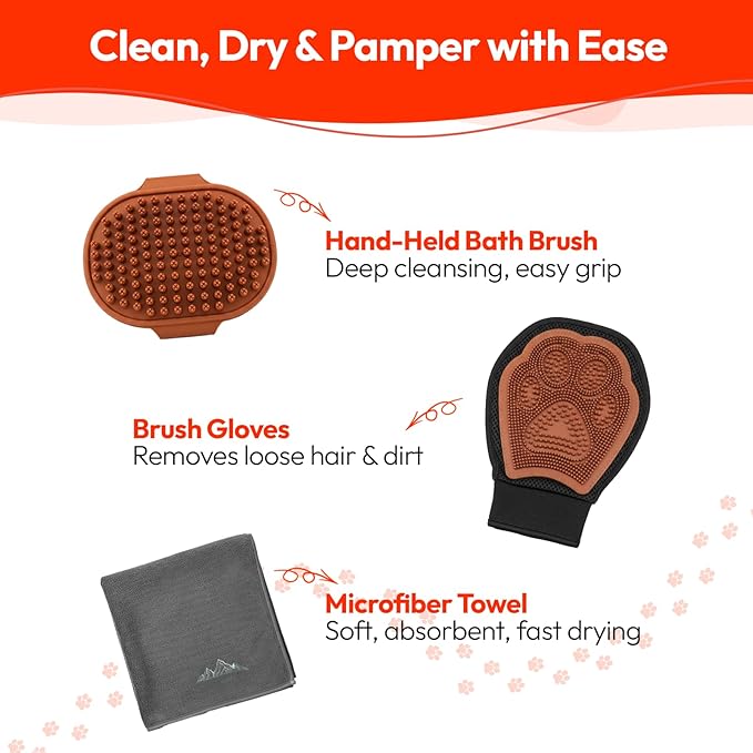 PW Pet Grooming Tools for Dogs & Cats- 3 Pack Dog Bathing Set- Safe On Skin Super-Absorbent Microfiber Towel – Soft & Gentle Brush Glove and Hand-Held Dog Bath Brush- Paw Mountain