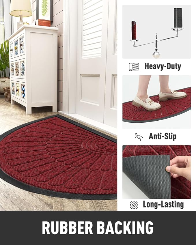 tchdio Door Mat Outdoor Indoor Entrance Doormat-Semicircular Durable Rubber Non Slip Front Door Mat for Outside Inside Entry Entryway Dirt Trapper WelcomeMat for Muddy Paws and Shoes-Red 17”x30”
