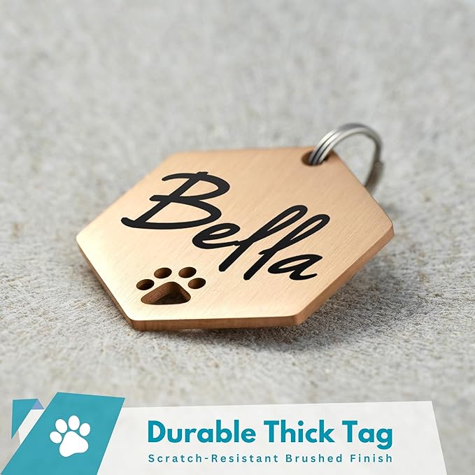 Ultra Joys Dog Tags Personalized for Pets - Hollow Paw Custom Pet ID Tag - Engraved Dog Tag for Small, Large Dogs - Small Hexagon in Rose