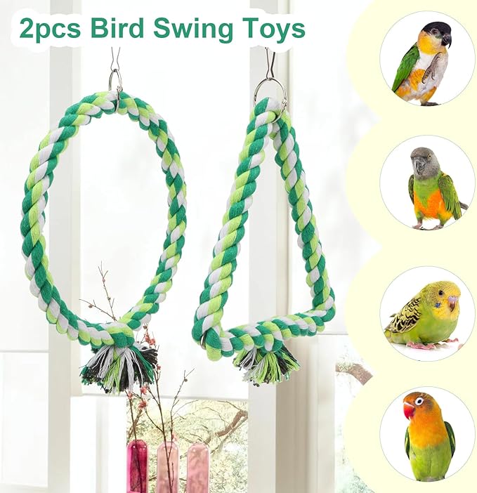 Wontee Bird Swing Bird Rope Perch Parrot Climbing Stand for Parakeets Budgies Cockatiel Conure Quaker Caique (S(5.9IN, 7.1IN))