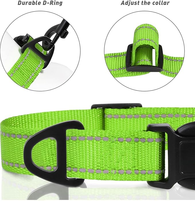 TagME Reflective Nylon Dog Collars, Adjustable Classic Collar with Quick Release Buckle for Extra Small Dogs, Green, 5/8" Width