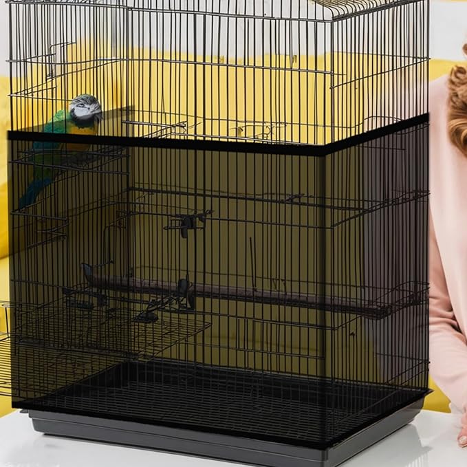 Bird Cage Seed Catcher, Bird Cage Net, Large Stretchy Form Fitting Mesh Skirt Cover, Adjustable Soft Airy Nylon Mesh Net, Birdcage Cover Skirt Seed Guard for Parrot Parakeet Macaw (Black)