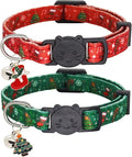 Christmas Cat Collar, Cotton 2 Pack Cat Collar with Bells, Breakaway Collars for Girl Boy Kittens, Christmas
