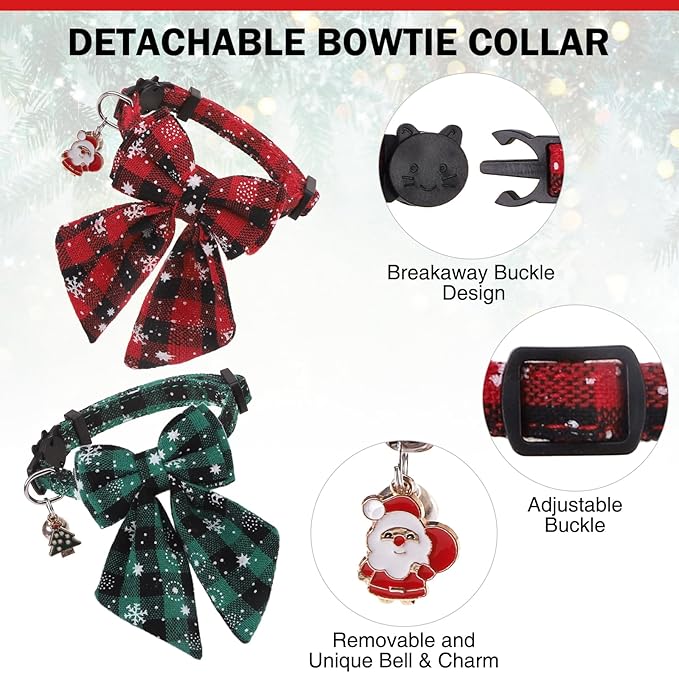 Christmas Cat Collar with Bells & Cute Pendant - Breakaway with Removable Bow Tie for Girl Boy Cats, 2 Pack Holiday Kitten Collar Safety Adjustable