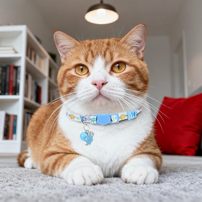 Breakaway Cat Collars with Bell & Cute Pendants, 3 Pack Safety Buckle Kitten Collars, Adjustable Pet Collar Ideal for Girl Boy Cats Puppy (Style A - Dinosaur)