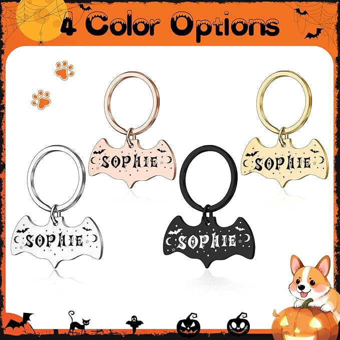 Personalized Pet Tags for Dog Cat, Custom Halloween ID Tags for Dogs, Dog Name Tags Engraved for Pets, Boo Basket Stuffers, Halloween Gifts for Dogs Lovers (Bat)