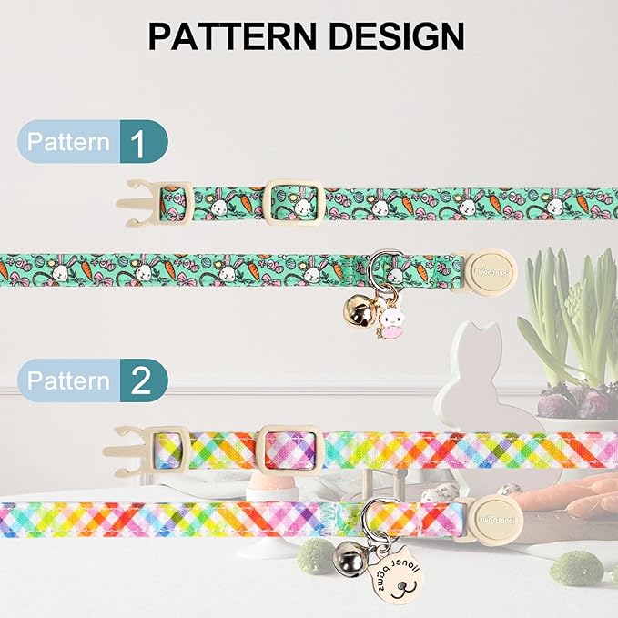 Lionet Paws 2pcs Pack Easter Cotton Cat Collar,Breakaway Buckle with Rabbit and Colorful Eggs Cute Adjustable Green Cat Kitten Collar,Ideal for Girl Cats Boy Cats