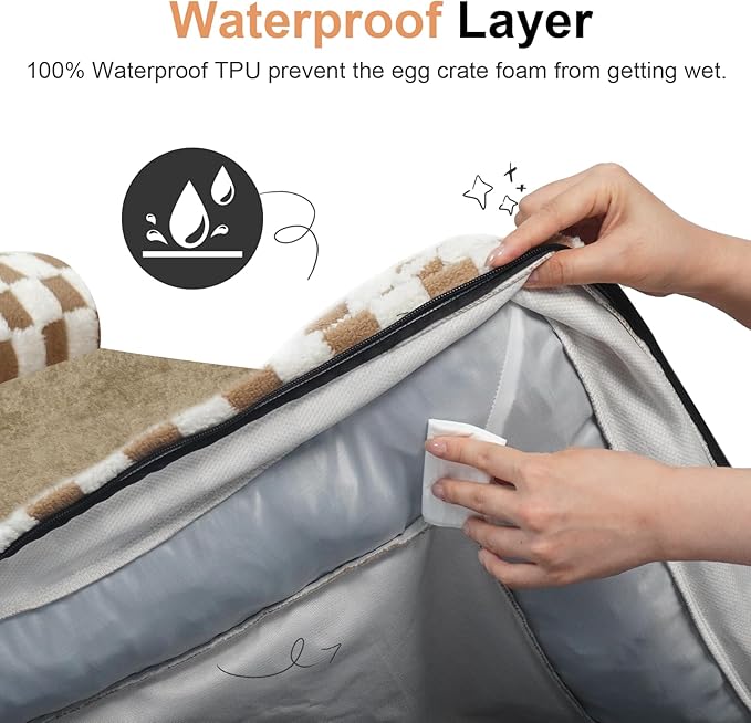 Large Dog Bed Orthopedic Washable: Beds Bolster XL Bed Medium Large Dogs Egg Crate Foam Couch Sofa Waterproof with Removable Cover - Brown Grid