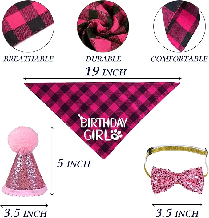 STMK Cat Birthday Decorations, Cat Birthday Hat with Numbers Bandana Bow Tie Collar for Cats Kittens Birthday Outfits (Pink)