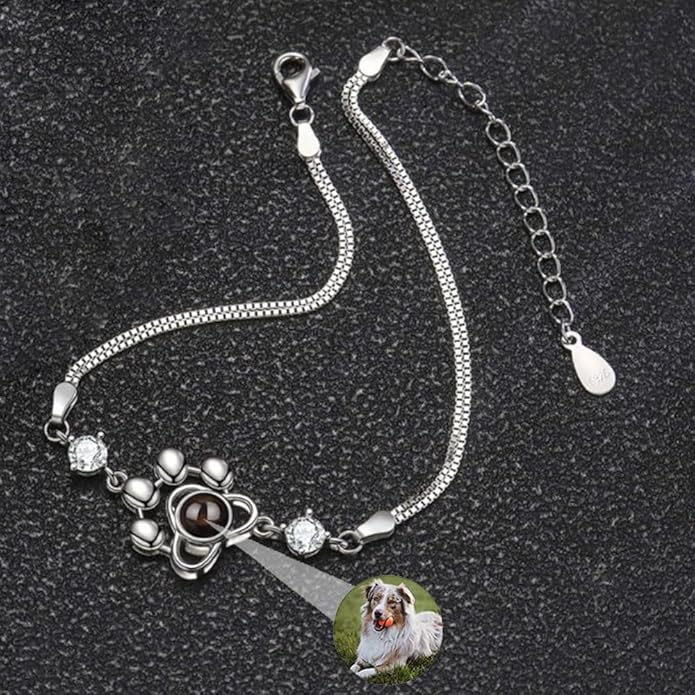 Custom Photo Projection Bracelet Dog Paw Bracelets Personalized Photo Bracelet with Picture inside Pet Dog Cat Paw Charm Picture Bracelets for Christmas Anniversary