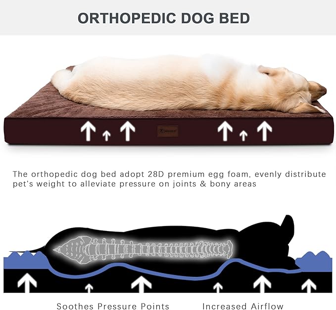 MIHIKK Waterproof Dog Bed Medium Size Dog Orthopedic Dog Beds for Crate with Removable Washable Cover Egg-Crate Foam Pet Pad Mat with Anti-Slip Bottom, 35x22 Inch, Brown