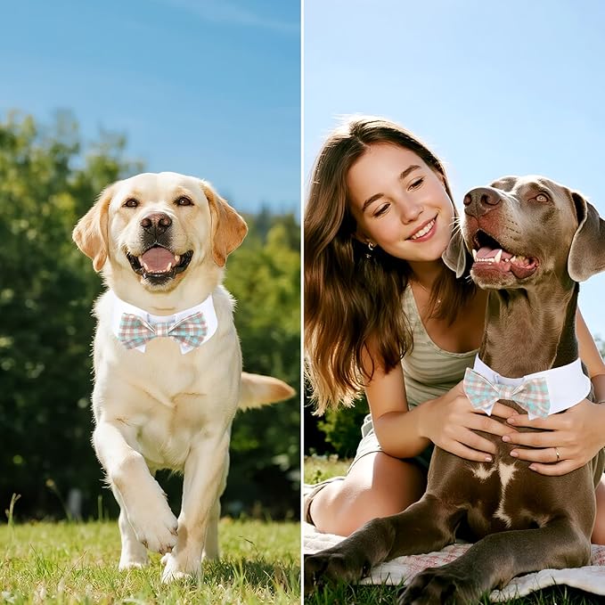 Segarty Dog Bow Tie for Neck Girth 12.6-15.7in, Adjustable Dogs Blue Khaki Plaid Plaid Bowtie Collar, Pet Neck Tie Tuxedo Comfortable Cotton Grooming Accessories for Formal Wedding Birthday Party