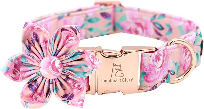 Lionheart Glory Dog Collar, Pink Dog Collar with Flower, Cute Floral Pattern Pet Collar Adjustable Dog Collar for Large Dogs