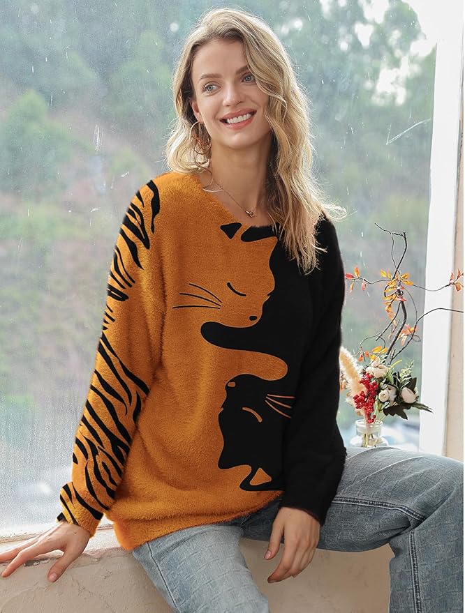 YESNO Women Christmas Sweater Graphic Printed Oversized Pullover Sweaters Casual Loose Knit Tops S01