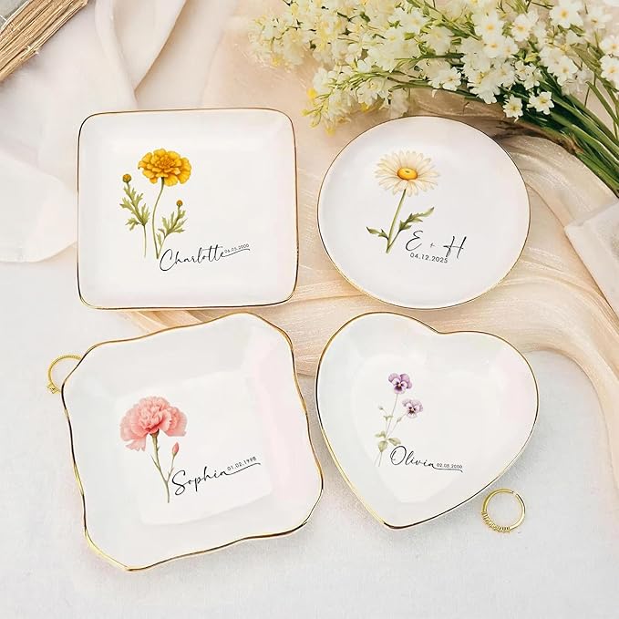 Personalized Floral Jewelry Dish, Engaged Ring Dish, Custom Trinket Dish Engagement Gift for Newly Engaged Couple, Mr and Mrs Ring Dish Just Married Valentines Gifts Keepsake