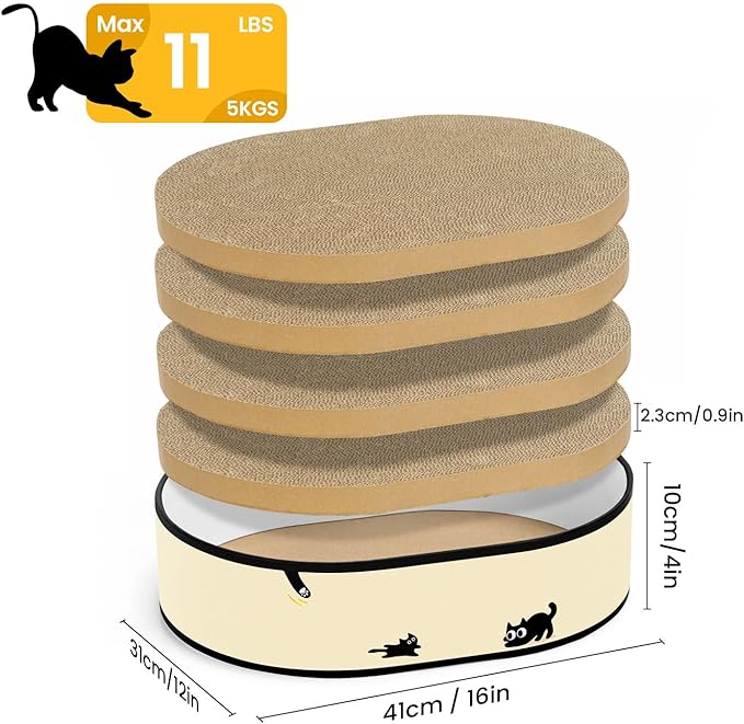 Cat Scratcher Box with 4 Cat Scratching Pads, Mess-Free Design, Refill Scratch Pad, Heavy Duty Corrugated Cardboard Lounger, DIY Stickers Decoration, for Multi-Cat Homes