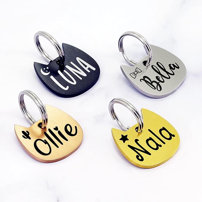 Ultra Joys Cat ID Tag Personalized Pet Tags, Durable Stainless Steel Small Pet Mini Dog Cat Tag Lightweight - Cathead Tag in Gold