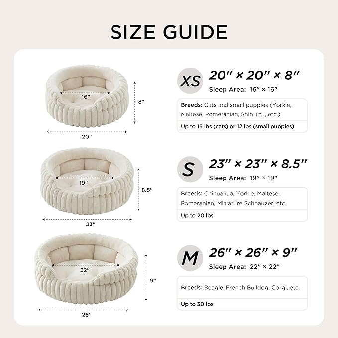 Bedsure ComfyFleece™ Medium Dog Bed, Washable Cute Pet Bed, Super Soft Corduroy Round Cat Bed with Anti-Slip Bottom, 26''x26''x9'', Cream