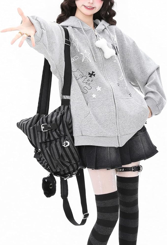 Womens Y2K Zip Up Cute Graphic Hoodies Cat Ears Casual Cartoon Harajuku Kawaii Clothes Oversize Streetwear Jacket