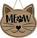 Cute Cat Meow Front Door Sign, Pet Farmhouse Wood Door Hanger Outdoor Outside Porch Decor, Paw Print Rustic Wooden Wreath Indoor Wall Hanging Decoration Cat Lover Owner Gift