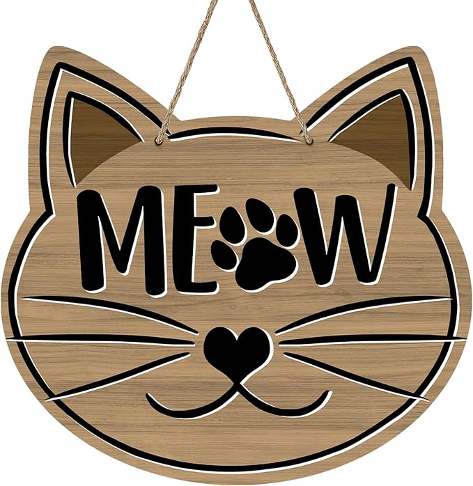 Cute Cat Meow Front Door Sign, Pet Farmhouse Wood Door Hanger Outdoor Outside Porch Decor, Paw Print Rustic Wooden Wreath Indoor Wall Hanging Decoration Cat Lover Owner Gift