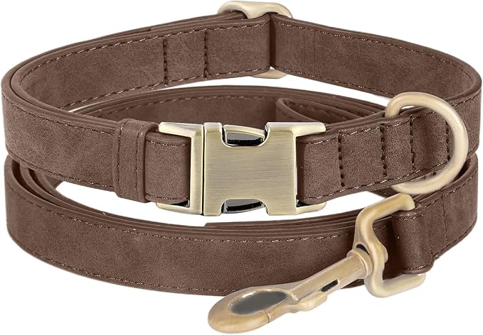 Genuine Leather Dog Collar - Adjustable Pet Collar with Quick Release Metal Buckle, Soft Skin Friendly Real Leather Collar for Small, Medium, Large Dogs (Dark Brown Collar + Rope, S：Fit 8-16" Neck)