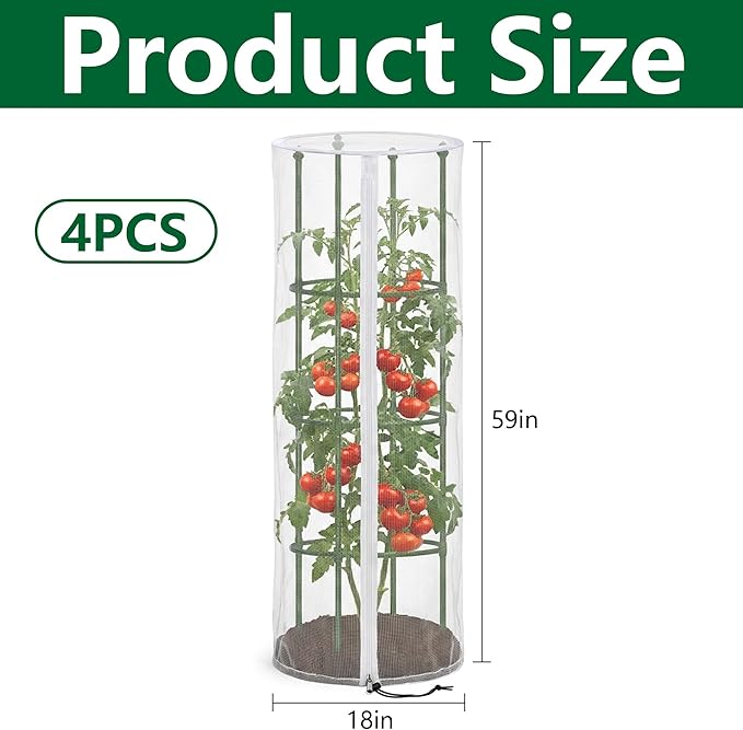 4 Pcs Garden Bird Netting for Round Plant Cage, 59" x 18" Tomato Cage Garden Net Cover with Zipper, Tomato Trellis Insect Bird Barrier Protection Mesh for Vertical Climbing Plants Vegetables Fruits
