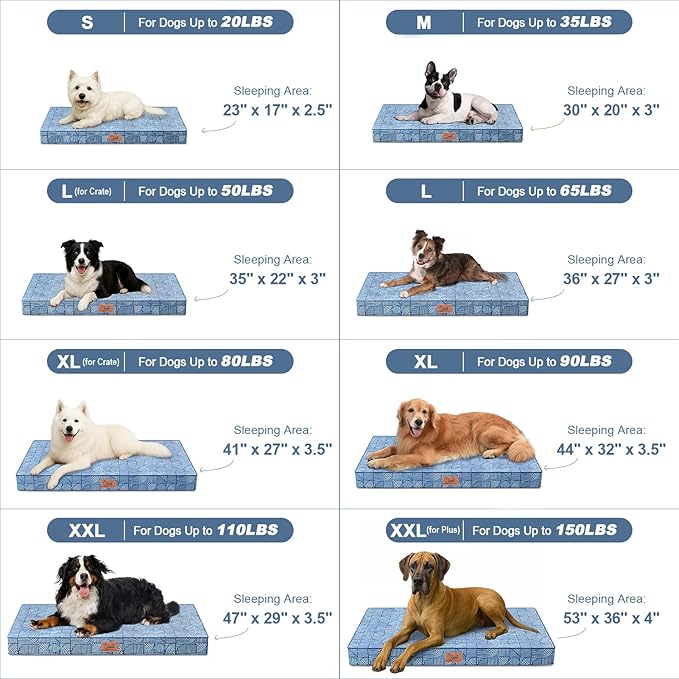 Outdoor Dog Bed for Small Dogs & Cats, Waterproof Dog Crate Mat Orthopedic Egg Crate Foam with Washable Removable Oxford Cover, White Blue