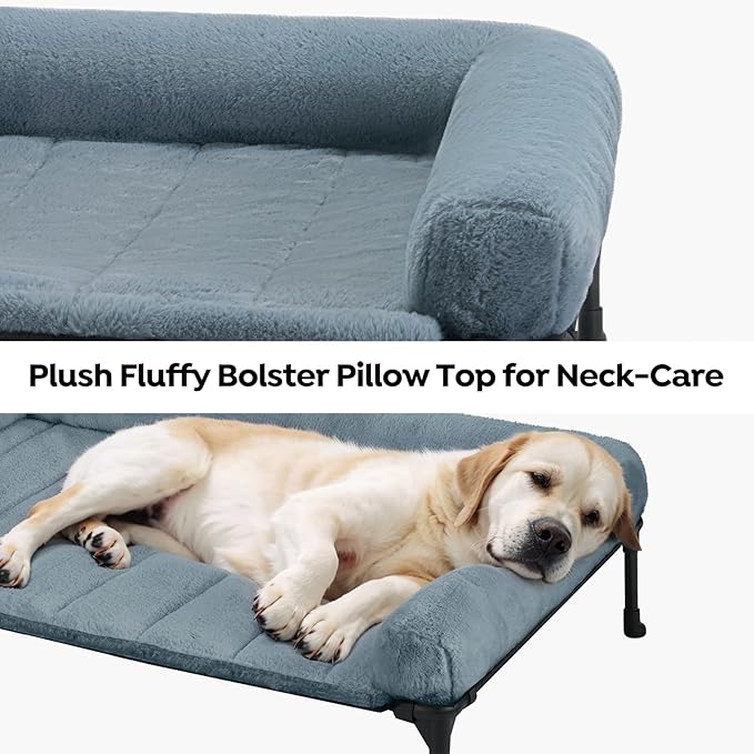 Veehoo Orthopedic Elevated Dog Bed with Fluffy Plush Bolster Cushion, Indoor Raised Dog Beds for Large Dogs, Soft Pet Sofa Cot with Removable Washable Mat, No-Slip Feet, 32 x 25 inches, Haze Blue