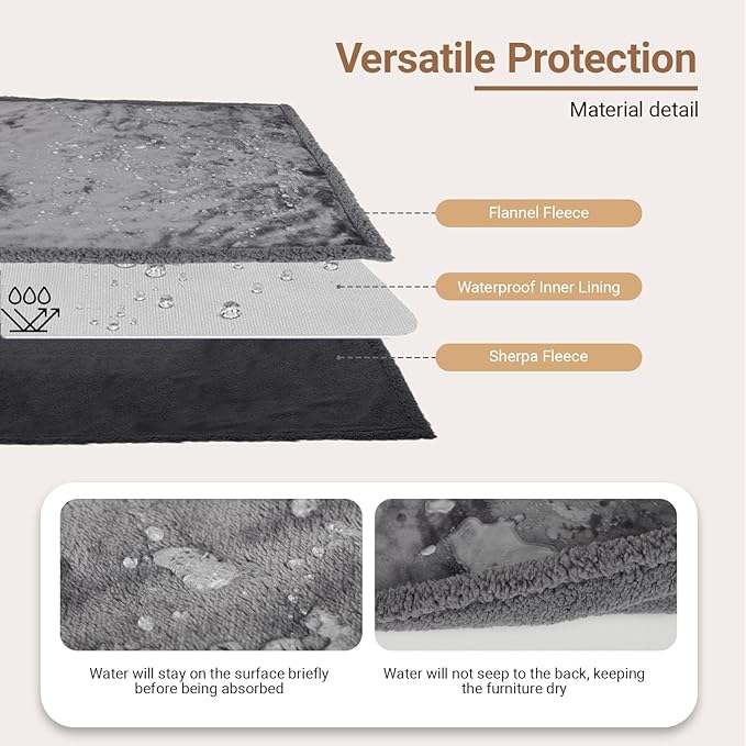 Waterproof Dog Blanket for Large Dogs - Reversible Washable Pet Blanket, Soft Sherpa Fleece Furniture Protector, Cat Throw Bed Couch, Grey, 60"x80"