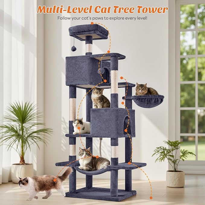 Large Cat Tree 66 Inch, Multi-Level Tall Cat Tree Tower with Condo, Perches, Sisal Scratching Posts and Hammock, Pet Play House with Dangling Balls for Indoor Cats, Dark Grey