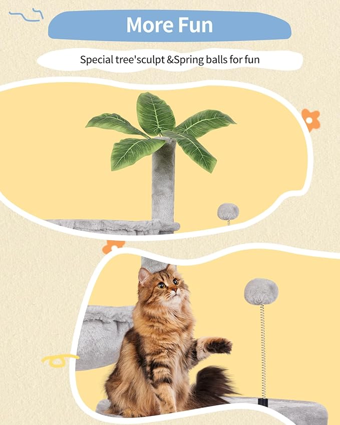 KIYUMI Cat Tree Cat Tower Condo with Sisal Scratching Post for Indoor Cats Tree Furniture with Hammock Perch and Kitten Ball Toys, Multi-Level Pet Activity Center (Grey)