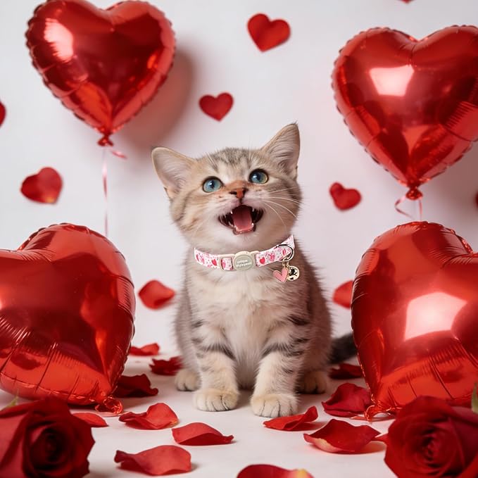 Unique Style Paws Pink Kitten Collars,Cute Valentine Cats Collar with Bell,Kitten Collar Breakaway Buckle with Heart Pattern,Adjustable Valentine Cat Collars,Ideal Gift for Boy Girl Cats