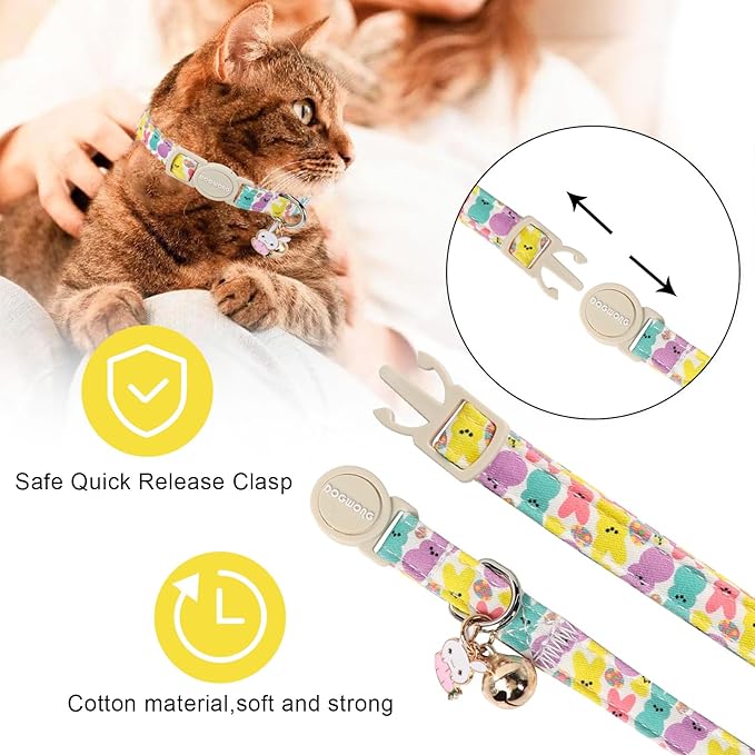 Cat Collar,2 Pack Easter Day Bunny Cat Collars Breakaway with Bell, DOGWONG Safety Buckle Cat Collar Rabbit Cat Collar for Girl Boy Cats，Adjustable 7-12 Inch