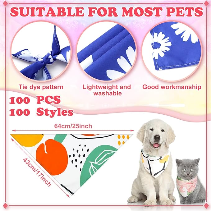 100 Pcs Boho Dog Bandanas Bulk Pet Bibs Colorful Triangle Scarf Boho Pet Bandanas for Medium Large Dogs Spring Summer Birthday Costume Decoration