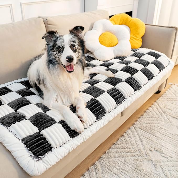 FUNNY FUZZY Pet Couch Covers for Sofa, Couch Covers for Dogs Washable Dog Couch Cover Protector Cream-Colored Furniture Sofa Covers for Dog Handmade Pure Cotton Pet Bed Mat (Black, 27.6"×70.9")