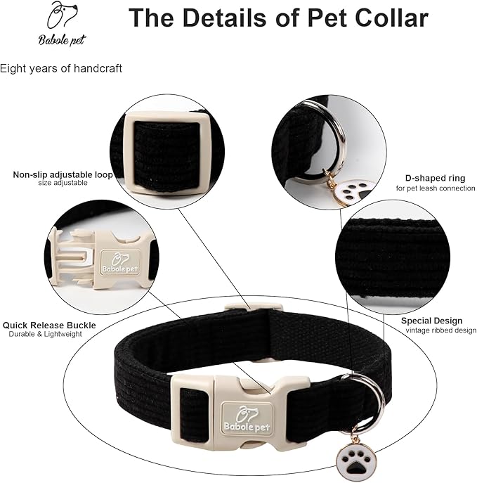 Cute Corduroy Dog Collar - Black Adjustable Dog Collars for Large Dogs 50-80lbs, Fade-Proof with Secure Snap & Little Charm, Christmas Birthday Gift, L