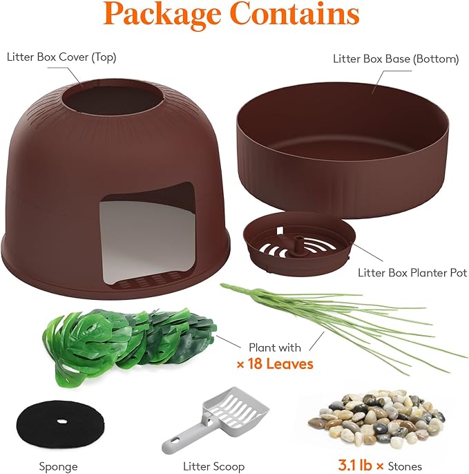 Lifewit Cat Litter Box, Hidden Enclosure Litter Tray with Odor Control & Carbon Filter in Living Room, Bedroom, Corner with Faux Plant& Plastic Scoop, 48 x 120 cm/19x47, Brown