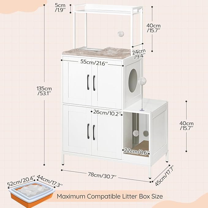 HOOBRO Litter Box Enclosure, Litter Box Furniture with Storage, 2-in-1 Hidden Cat Furniture with Shelf, 2 Dangling Plush Balls and 1 Toy Ball, Large Wooden Cat Washroom, White WT78MW01