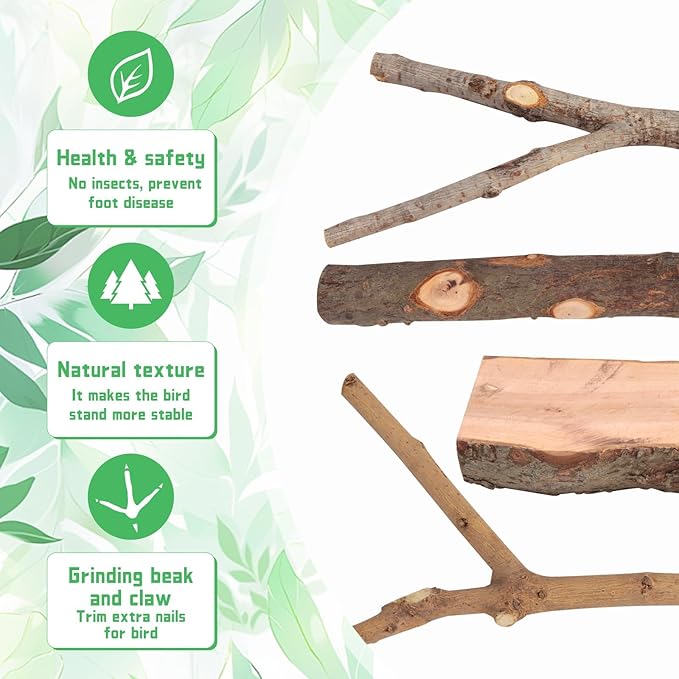 BILLIOTEAM 4-Pack Natural Wood Bird Perch Stand with Spacious Platform, Thick & Long Branches, Large Parrot Cage Accessories for African Grey, Macaws, Conures, Eclectus (Medium & Large Birds)