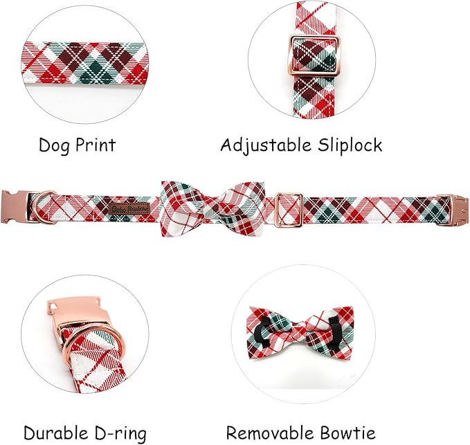 Dog Collar, Christmas Dog Collar Plaid Pet Collar Bow Holiday Bows Girl Boy Puppy Collar Adjustable Pet Collar for X-Large Dogs
